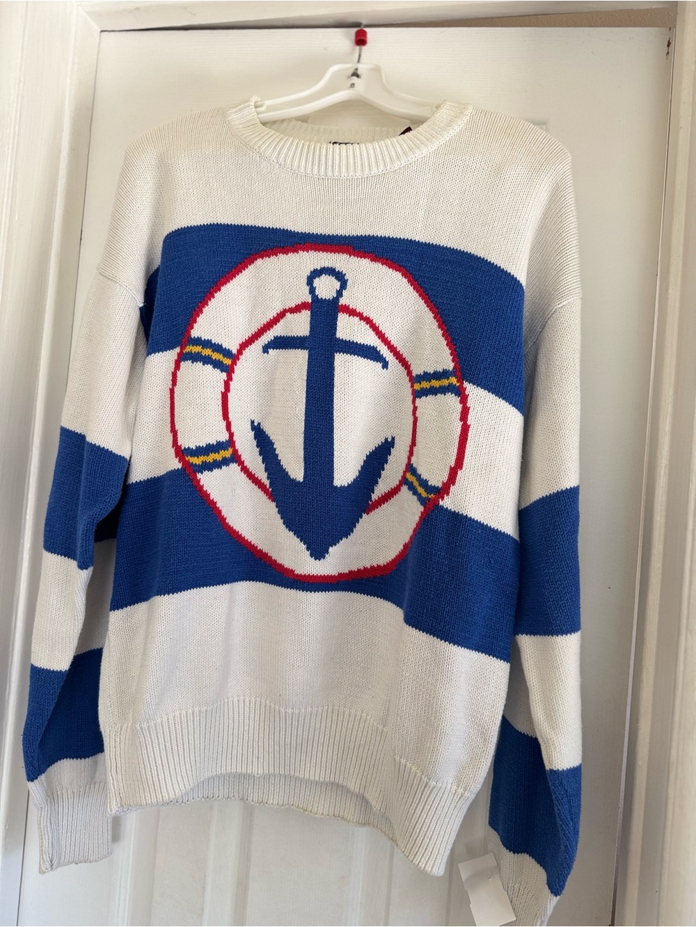 Women’s Blue & White Striped Anchor Sweater - Nautical Crewneck